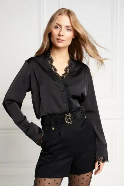 Lace V-Neck Blouse (Black Satin)