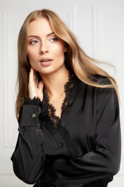Lace V-Neck Blouse (Black Satin)
