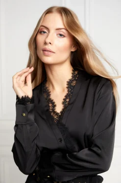 Lace V-Neck Blouse (Black Satin)