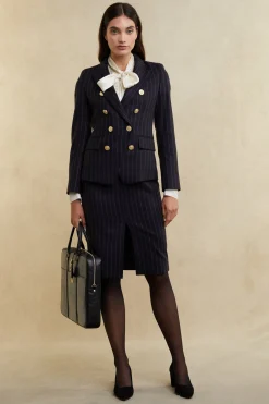 Mayfair Pencil Skirt (Navy Chalk Pinstripe)
