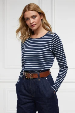 Padstow Long Sleeve Crew Neck Tee (Ink Navy Natural Stripe)