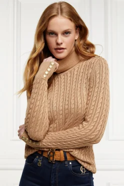 Seattle Roll Neck Cable Knit (Dark Camel Marl)