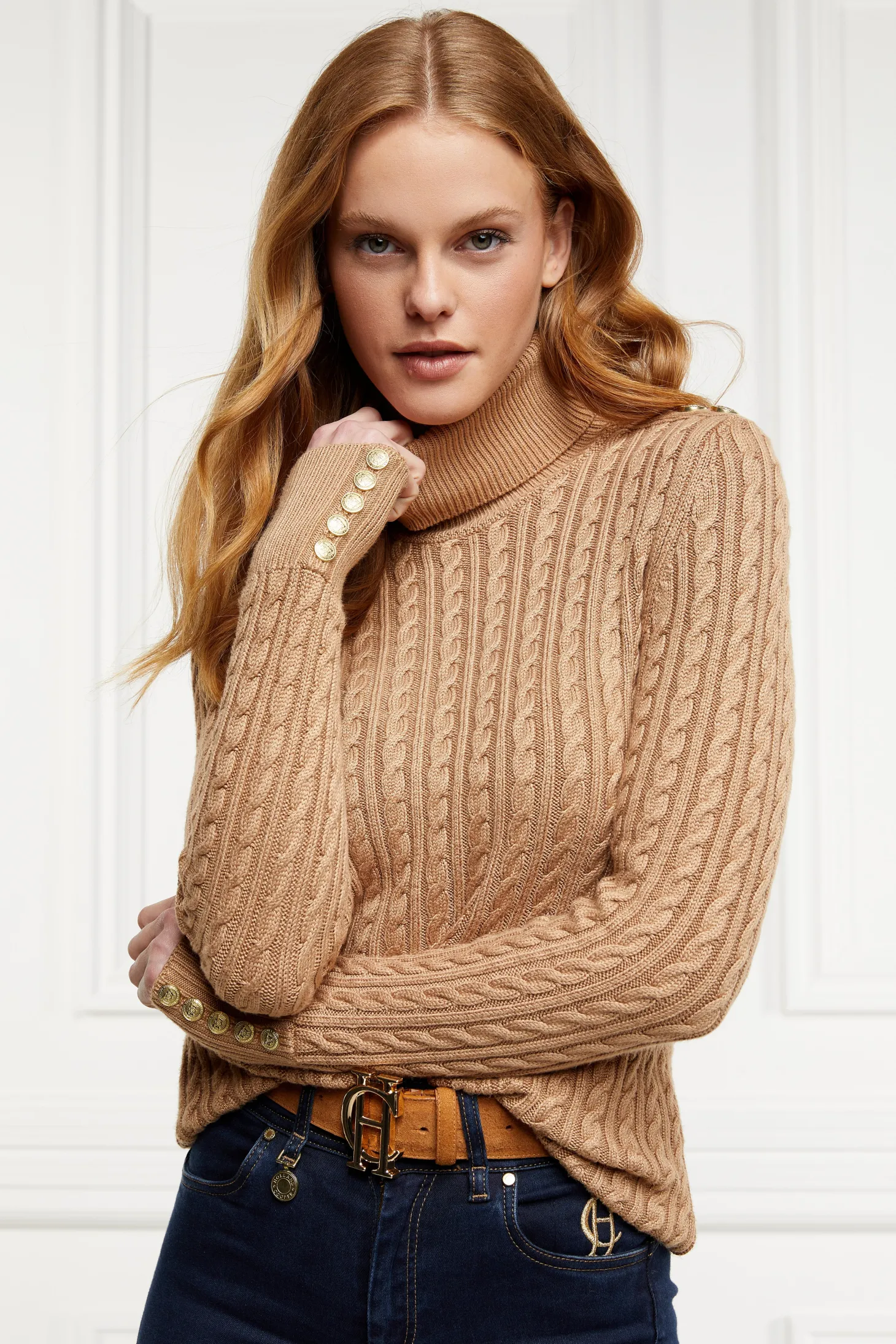 Seattle Roll Neck Cable Knit (Dark Camel Marl)