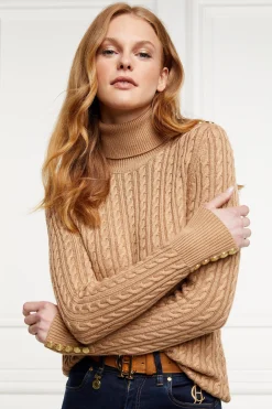 Seattle Roll Neck Cable Knit (Dark Camel Marl)