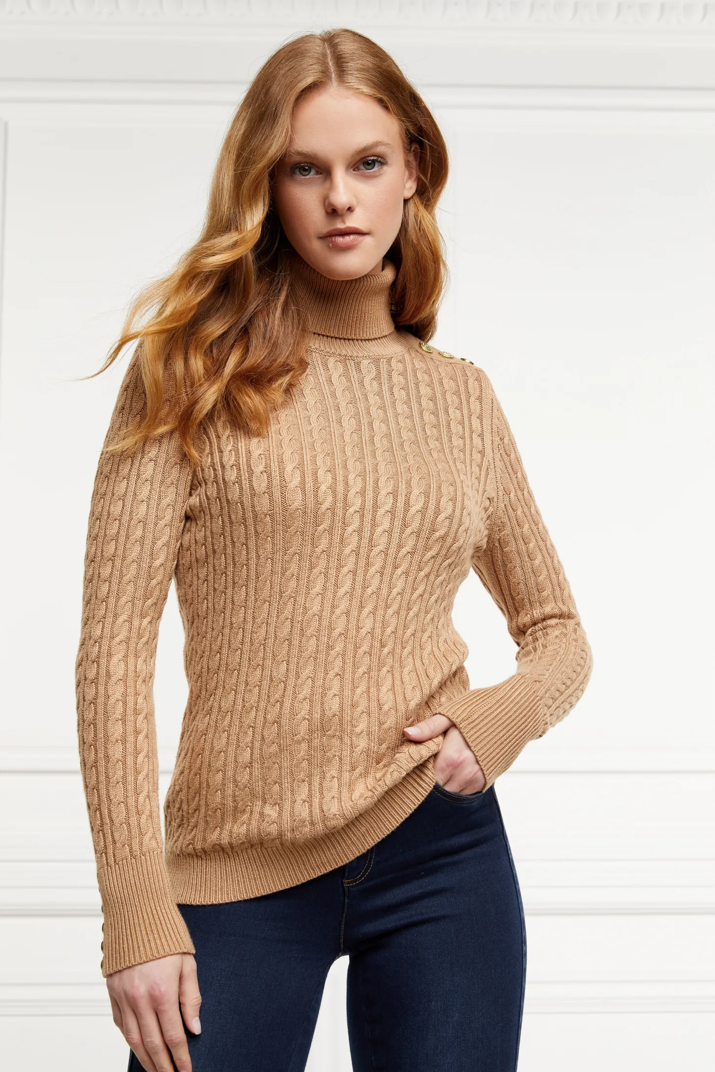 Seattle Roll Neck Cable Knit (Dark Camel Marl)