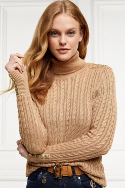 Seattle Roll Neck Cable Knit (Dark Camel Marl)