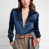 Silk V-Neck Blouse (Petrol Blue)