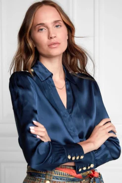 Silk V-Neck Blouse (Petrol Blue)