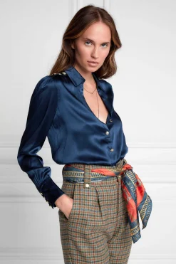 Silk V-Neck Blouse (Petrol Blue)